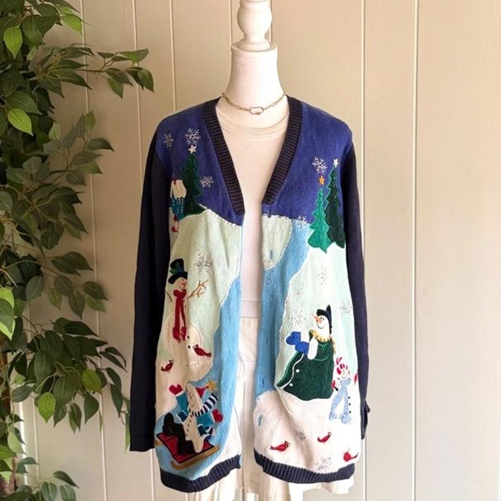 The Quacker Factory Ugly Christmas Sweater Snowmen Cardigan Women's Size Large